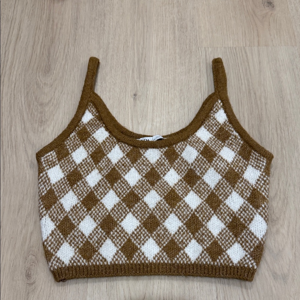 Zara small Brown and White Checkered Women's Top - Picture 2 of 6